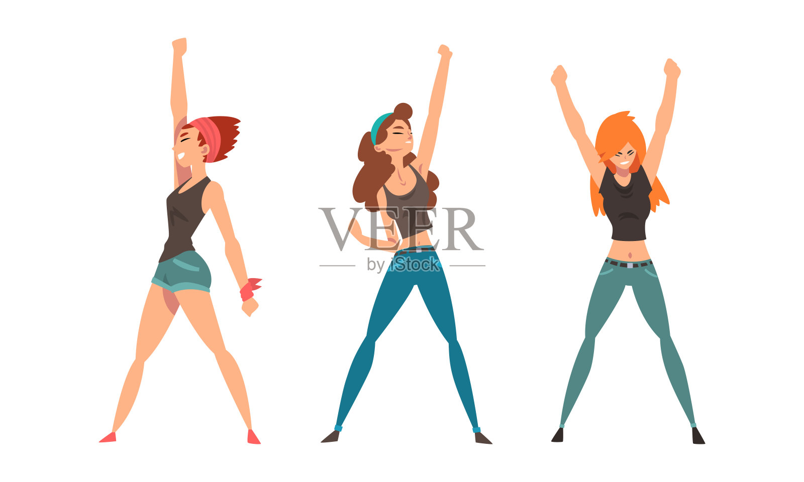 年轻女子站在勇敢的姿势感觉力量和力量向量集插画图片素材