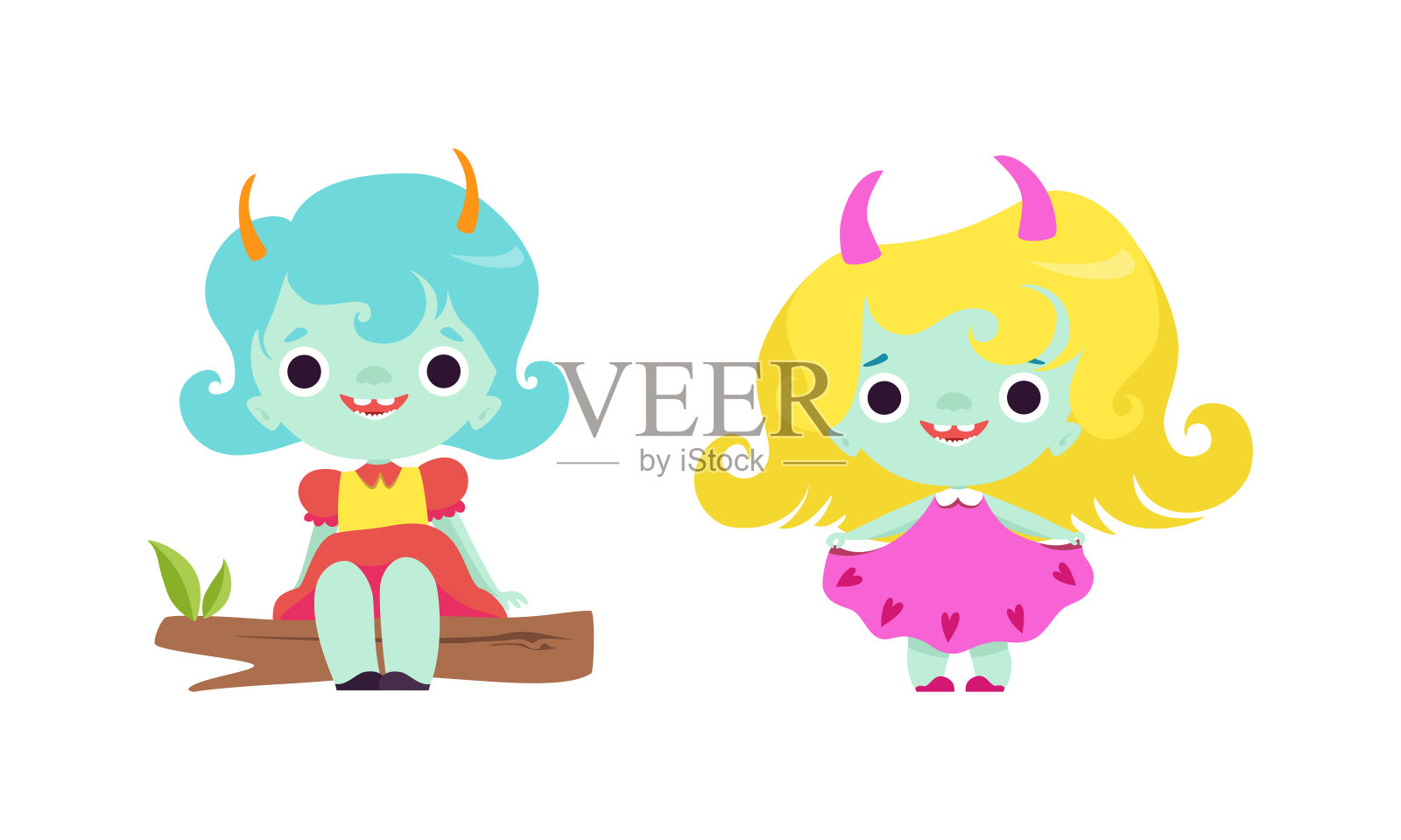 可爱的巨魔角色与不同的头发颜色设置，有趣的小女孩幻想生物卡通矢量插图设计元素图片