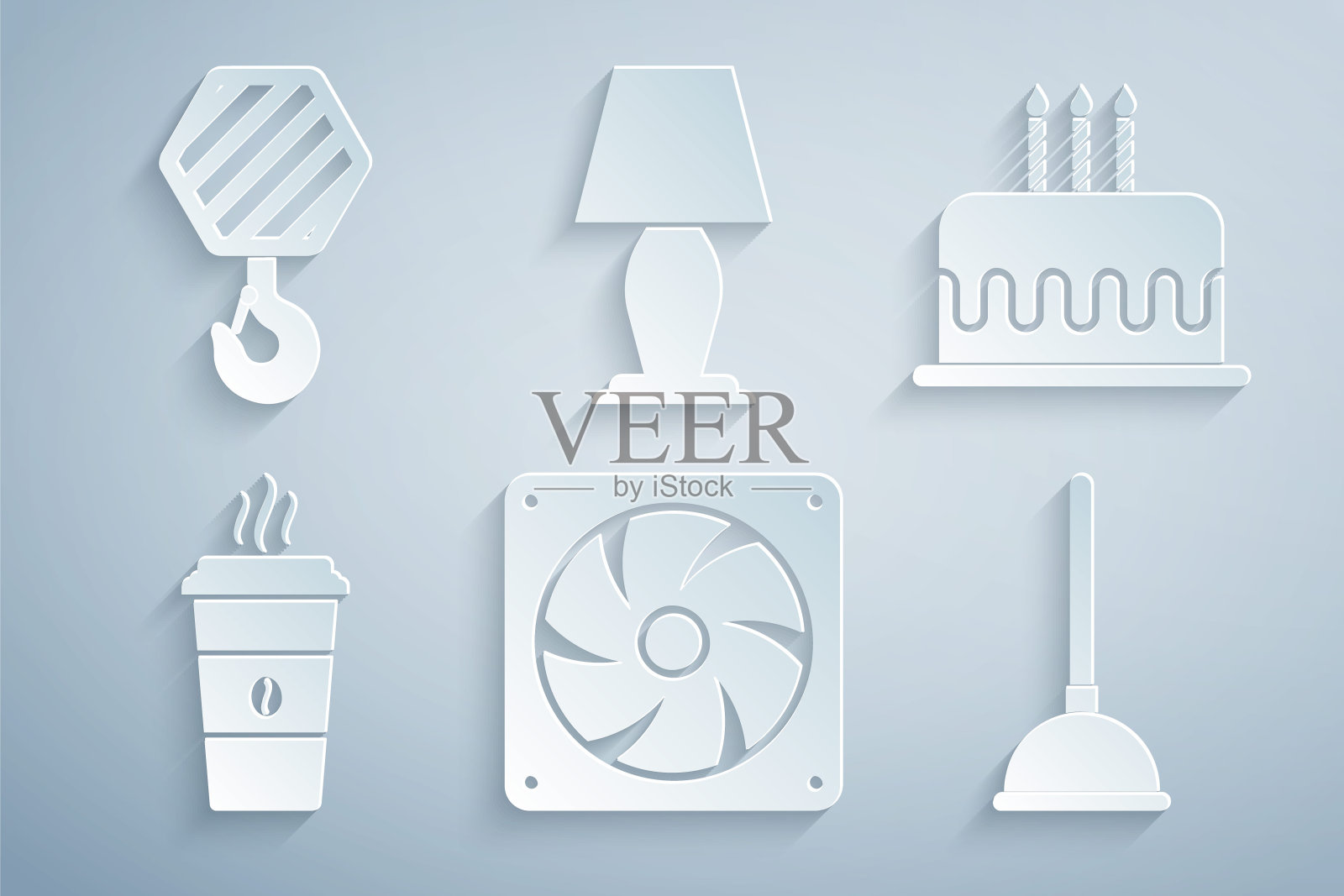 设置电脑冷却器，蛋糕与燃烧的蜡烛，咖啡杯，橡胶柱塞，台灯和工业挂钩图标。向量图标素材