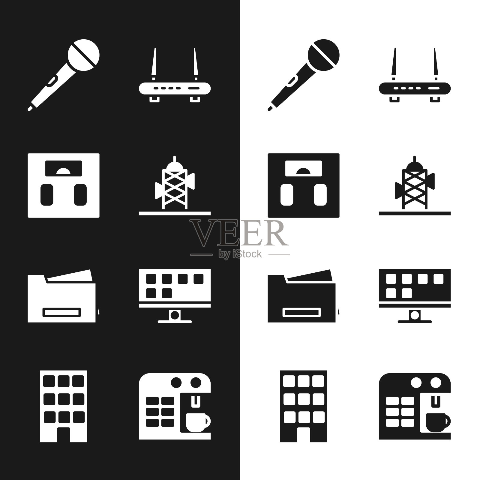 设置天线，浴室秤，麦克风，路由器和wi-fi信号，打印机，智能电视，咖啡机和房子图标。向量图标素材