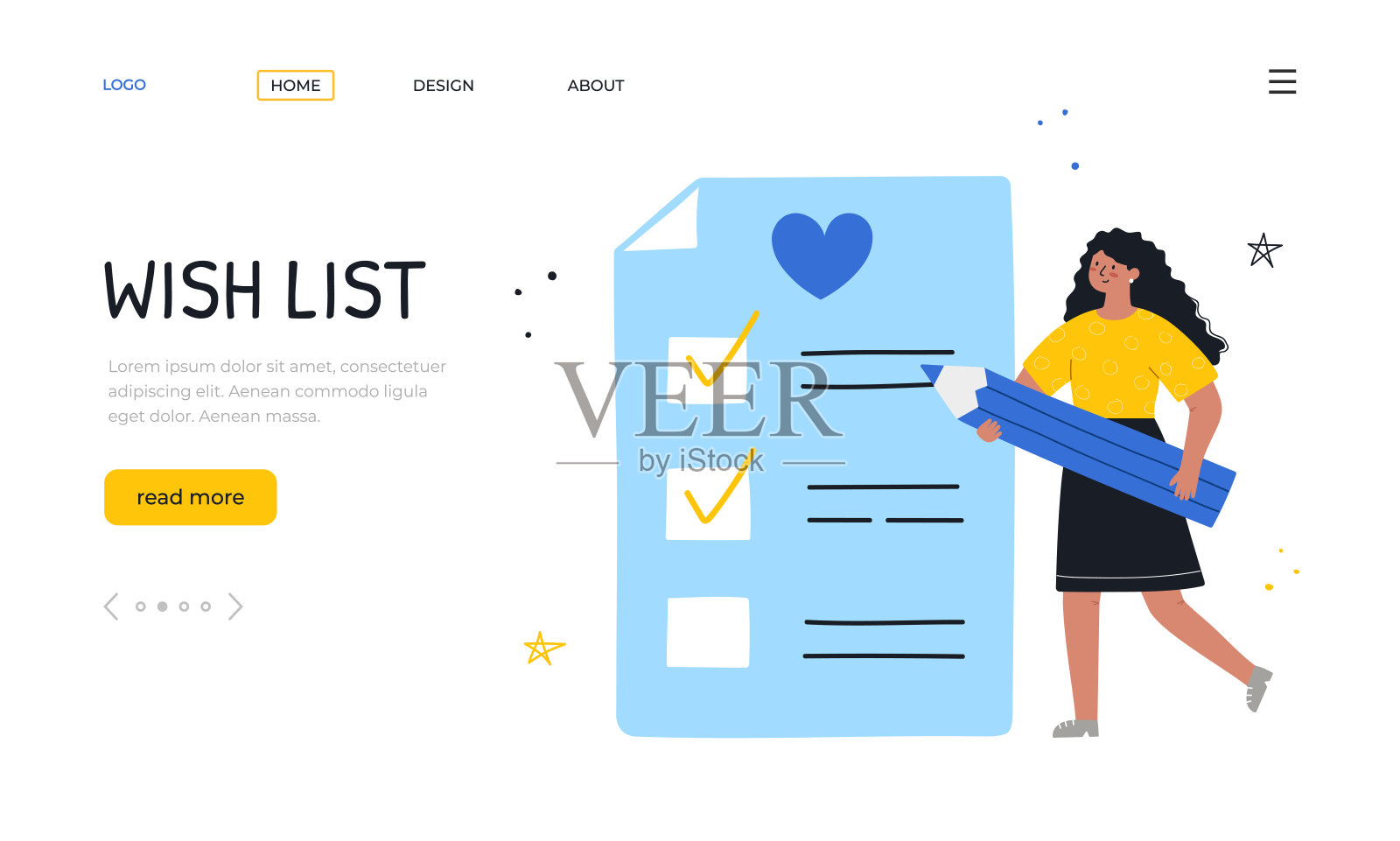 的清单。着陆页模板。一个美国黑人女孩写下她的愿望。礼物和购物清单。平面向量插图。插画图片素材