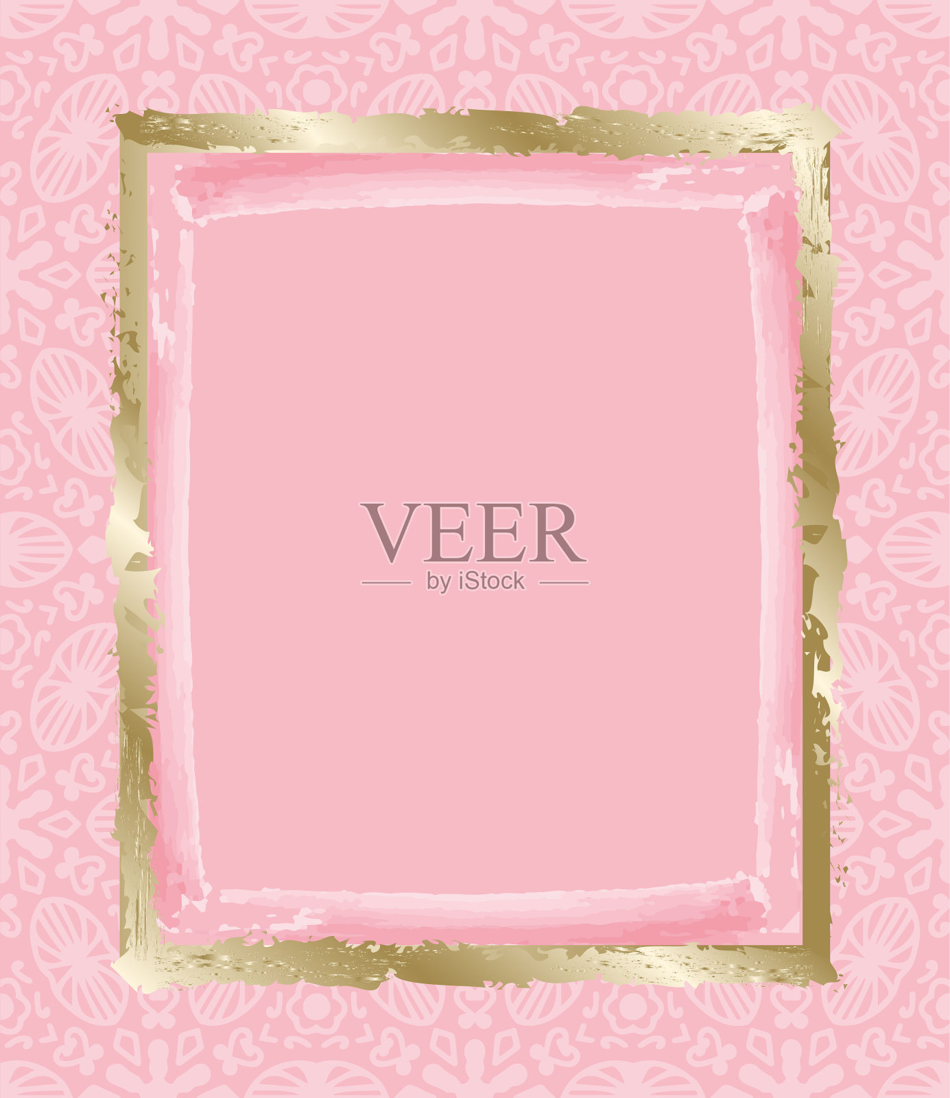 金色的正方形框架由笔触在粉红色的背景上。水彩设计装饰的婚礼卡片，化妆品包装，邀请，祝贺或广告。粉红色和gold.Vector。插画图片素材