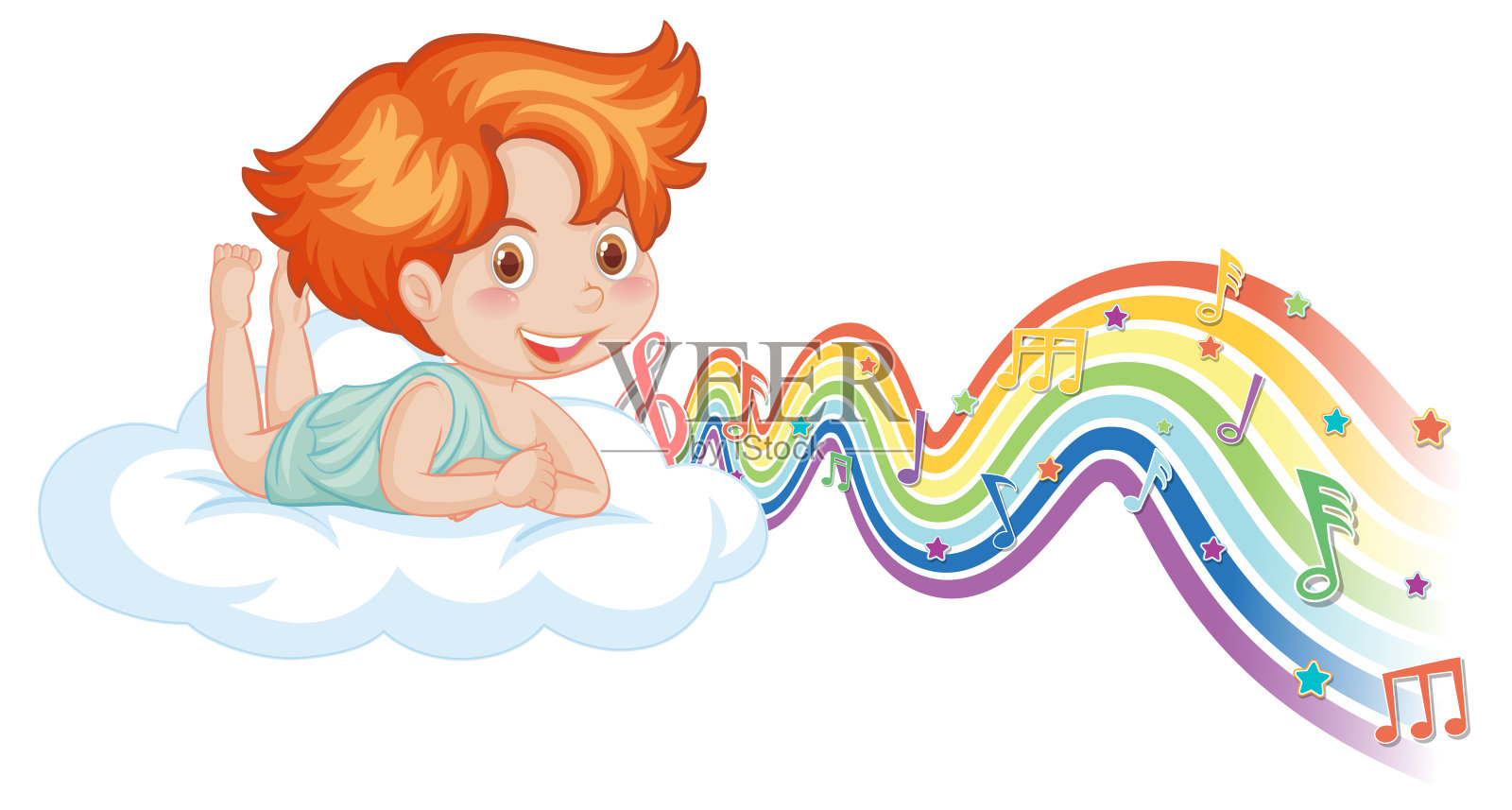 丘比特男孩躺在云与旋律符号彩虹波插画图片素材