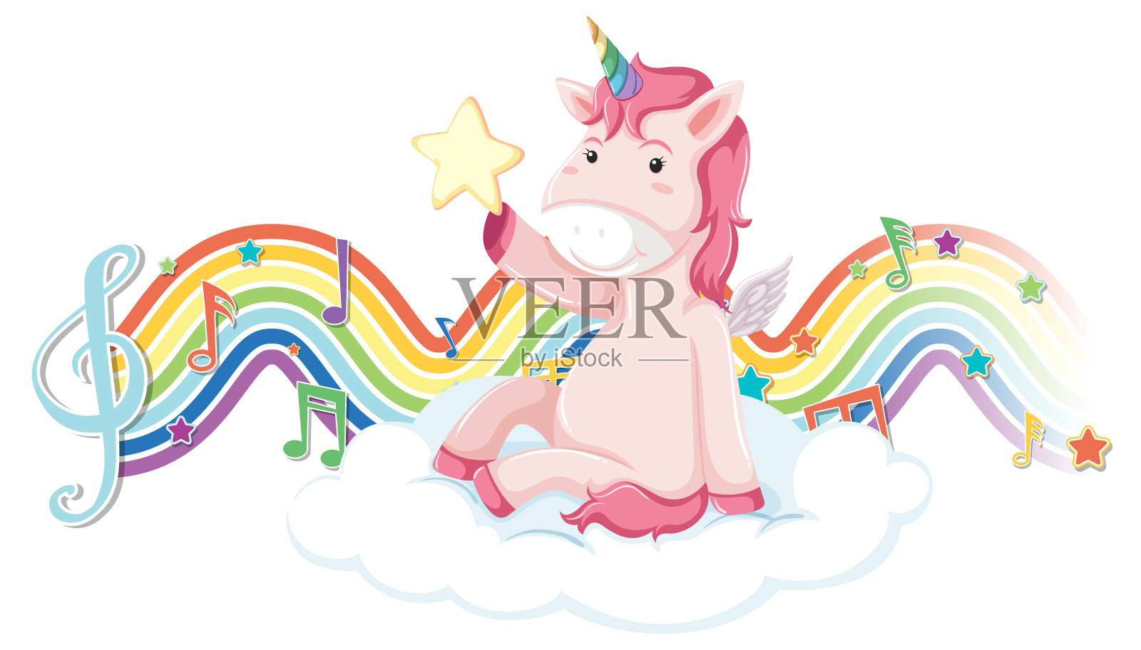 独角兽坐在云中，彩虹波上有旋律符号插画图片素材