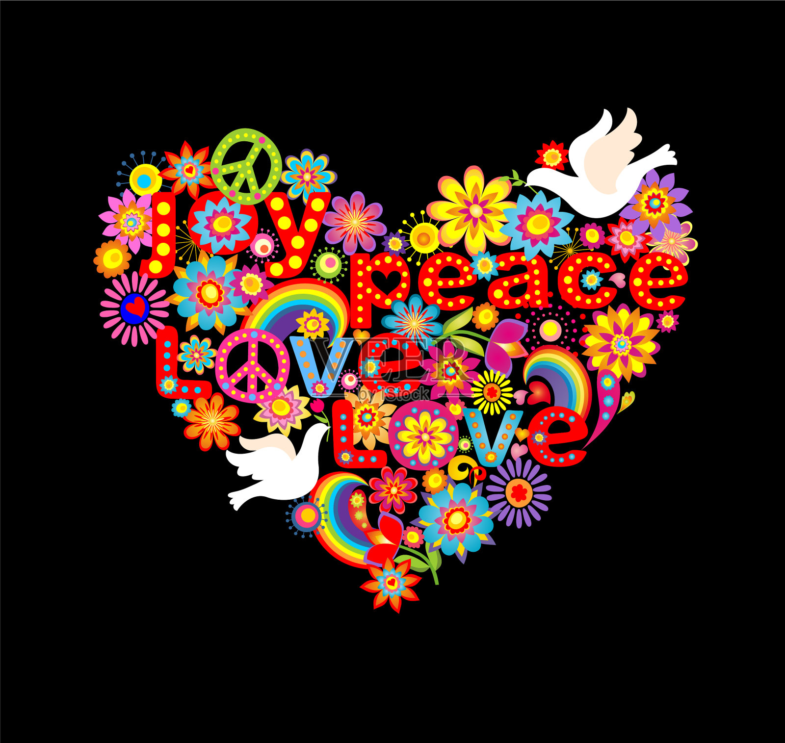 心形与嬉皮象征和鸽子插画图片素材