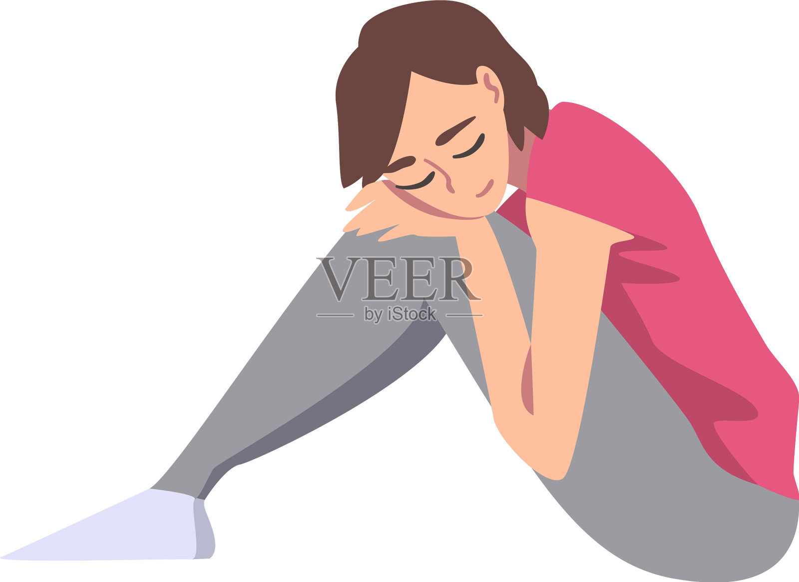 沮丧的女孩坐在地板上，抱着她的膝盖设计元素图片