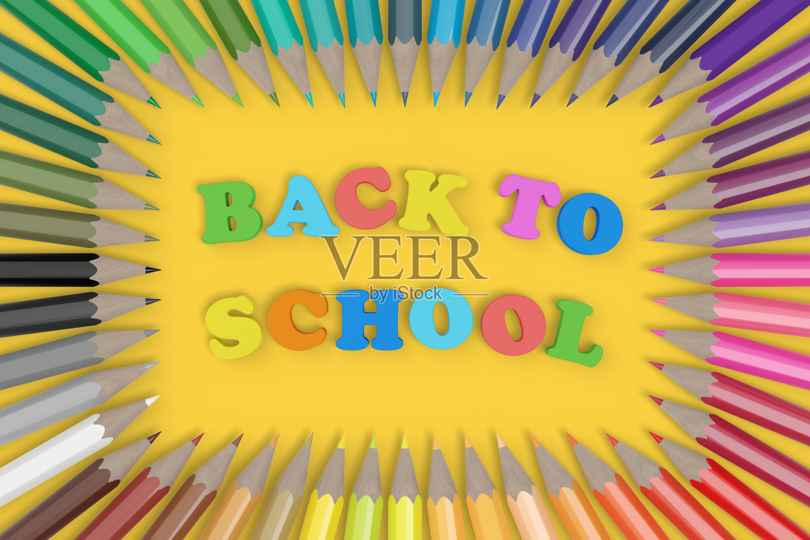 立体的“返校”文字被彩色铅笔包围。3 d演示。照片摄影图片