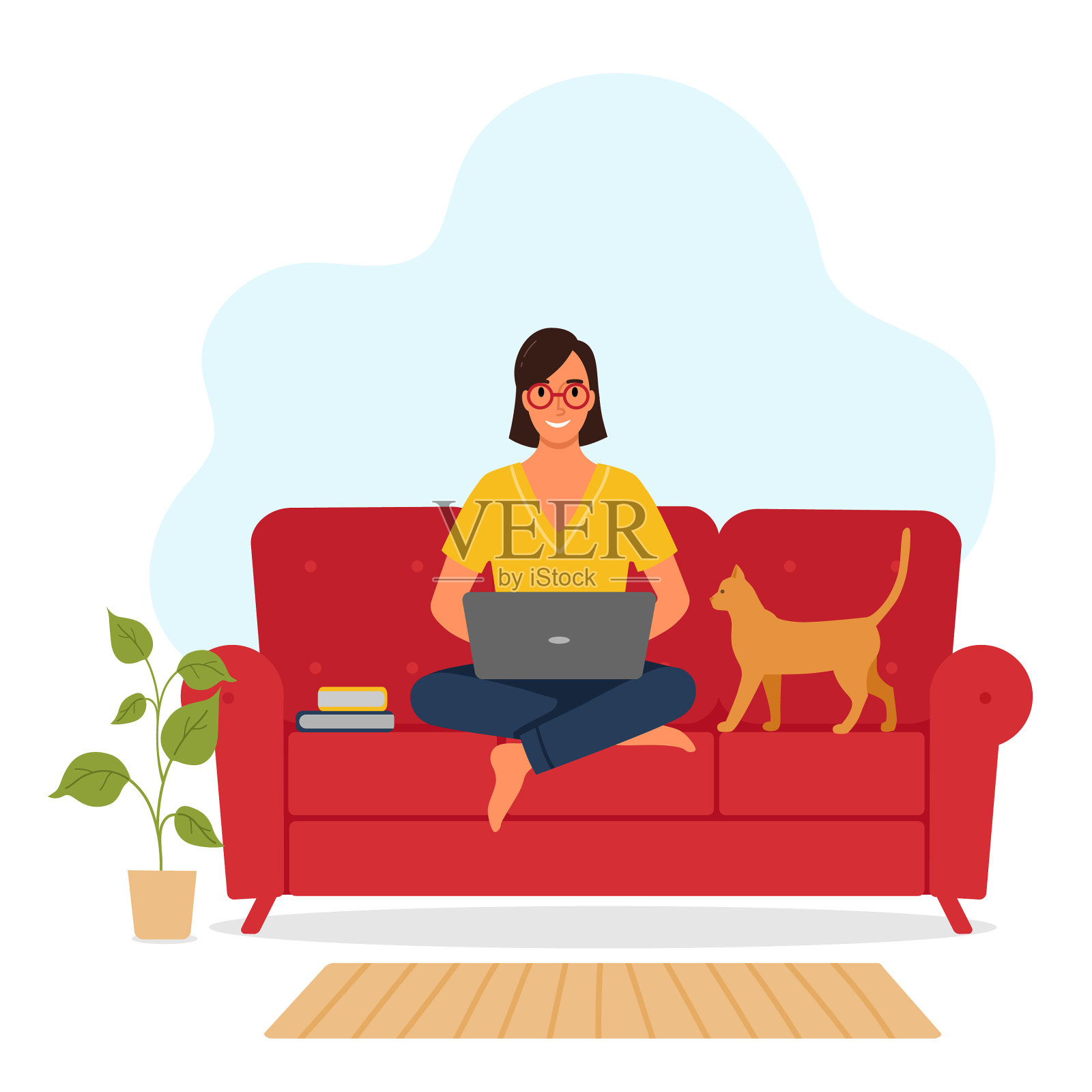 一位女士在网上用笔记本电脑工作设计元素图片