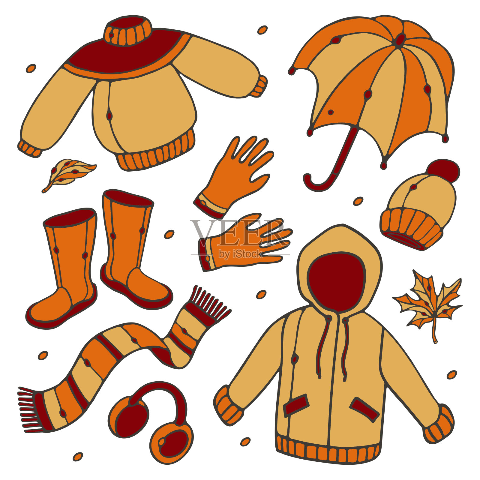 秋装套装:雨衣、胶靴、开伞、围巾、帽子、耳机、手套、树叶。雨季。收集涂鸦卡通风格孤立在白色背景插画图片素材
