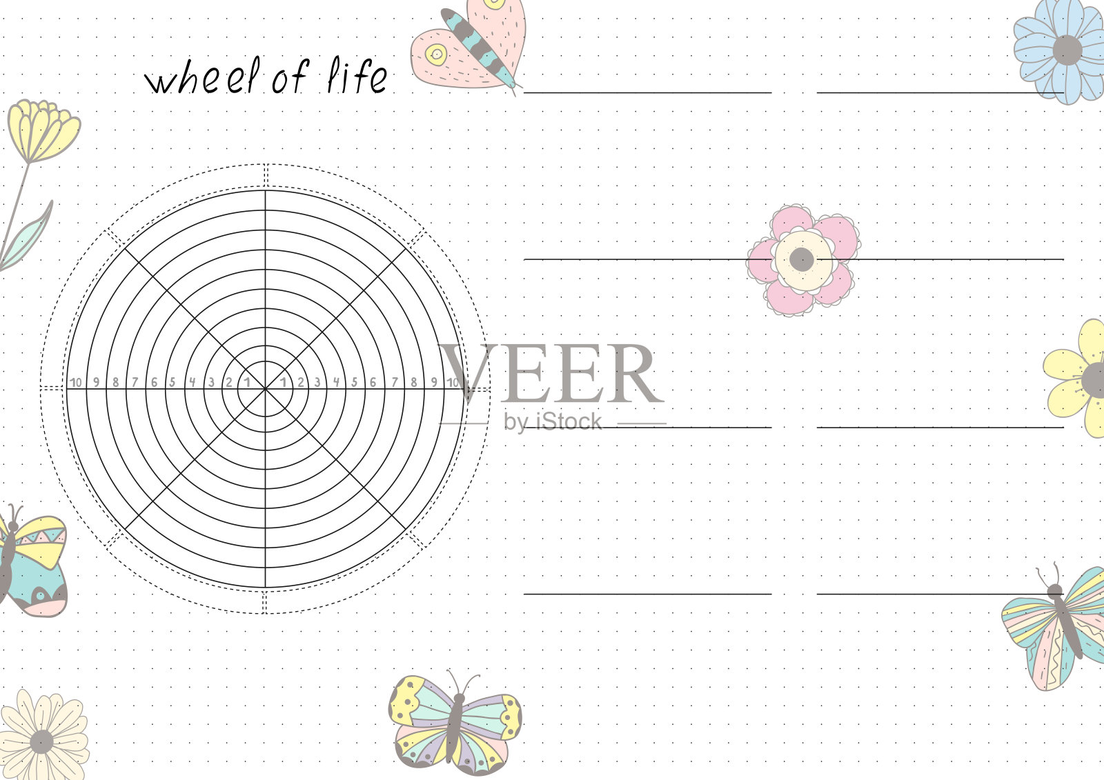 可打印的A4纸与车轮的生命-图表与空白线填补和手绘鲜花。插画图片素材