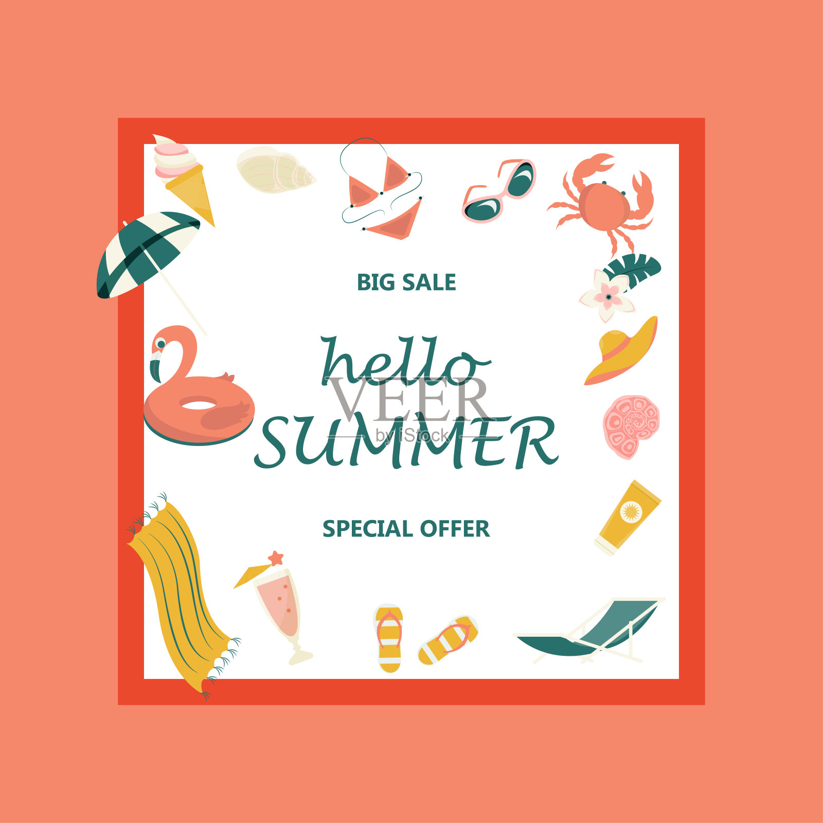 促销网页横幅模板夏季销售。字母和可爱的卡通元素。矢量插图“n”n插画图片素材