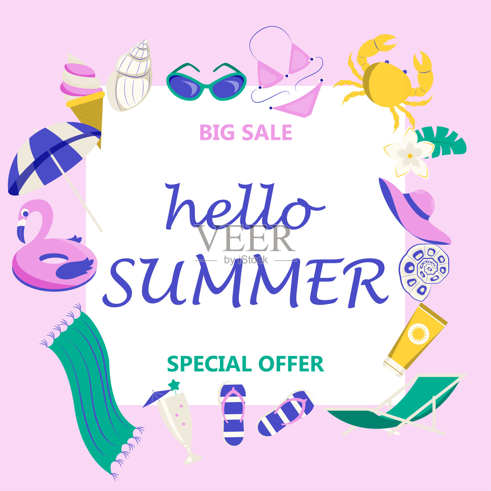 促销网页横幅模板夏季销售。字母和可爱的卡通元素。矢量插图“n”n插画图片素材