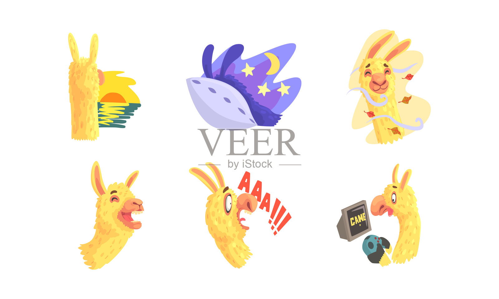 有趣的羊驼或美洲驼字符看日落和睡眠向量贴纸集插画图片素材