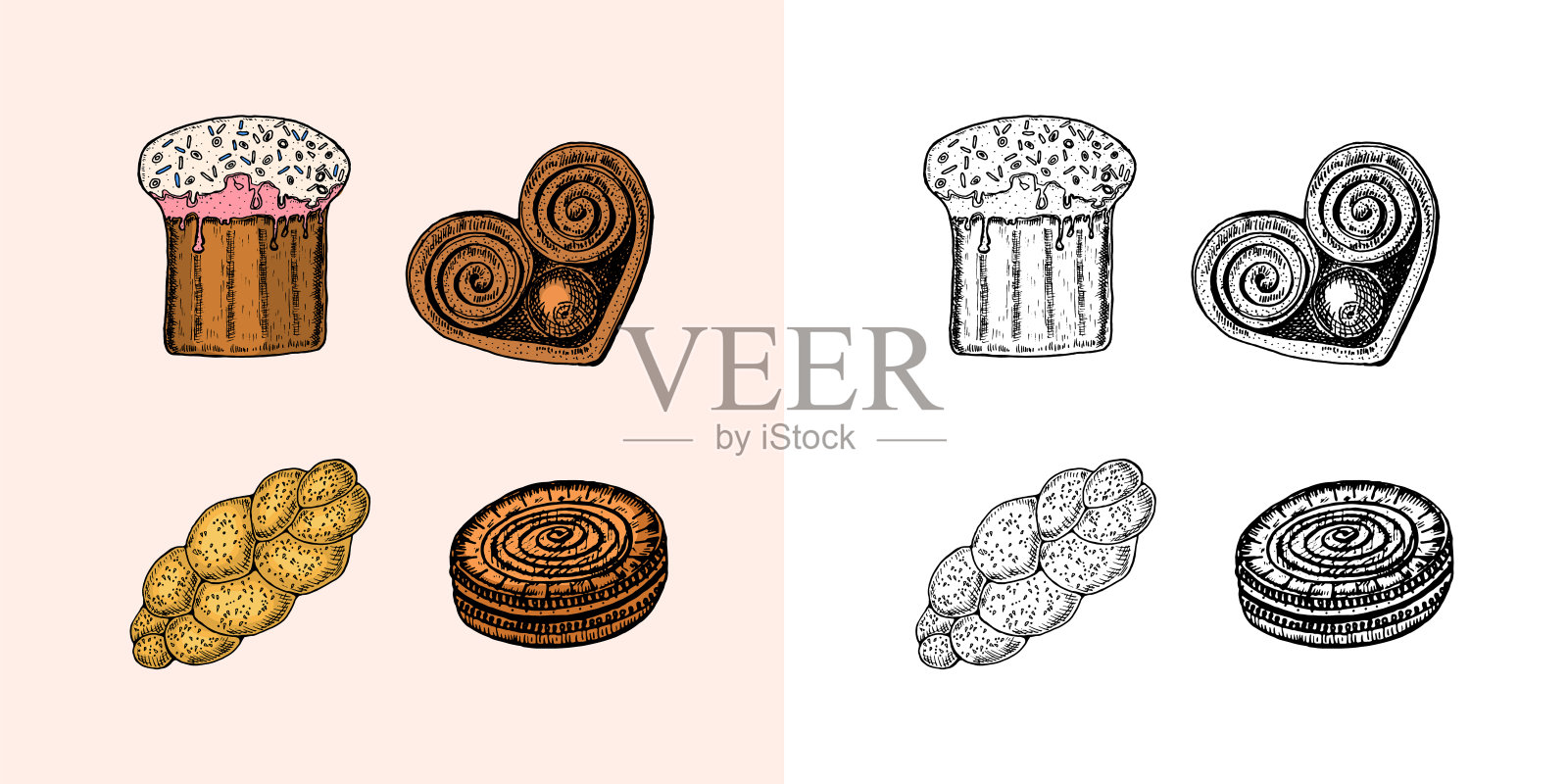 烘焙产品。长棍面包和甜甜圈，蛋糕和面包，派和蛋糕。雕刻手绘旧素描和复古风格的标签和菜单面包店插画图片素材