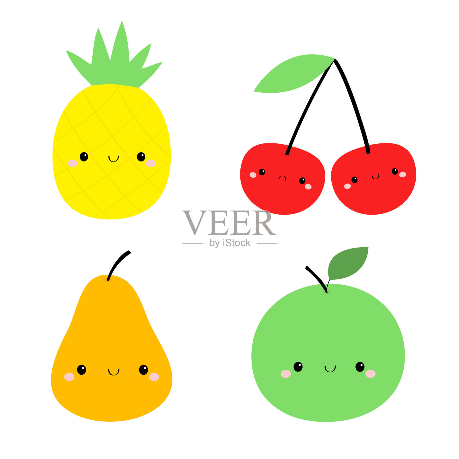 菠萝梨苹果樱桃图标集。黄颜色。可爱的卡通可爱的微笑的婴儿角色。有趣的水果浆果脸。平面设计。白色背景。孤立。插画图片素材