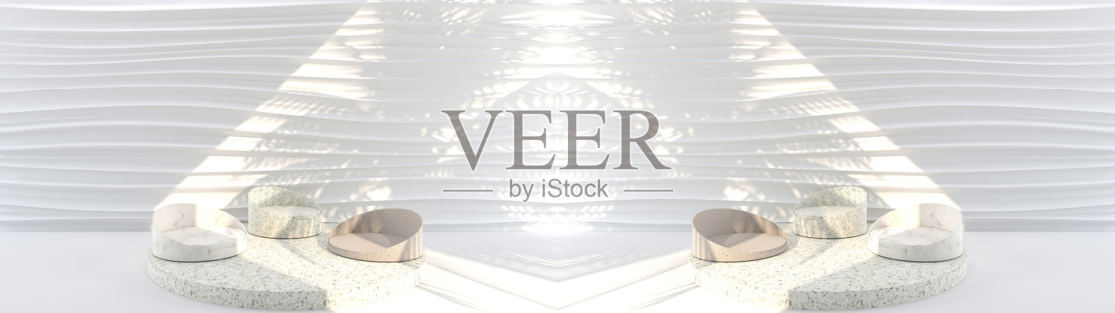 圆形大理石平台的3D渲染，金色的边框，阳光将白色的墙壁照成带有树叶阴影的波浪场景。底座可用于商业广告，隔离在白色背景上。照片摄影图片