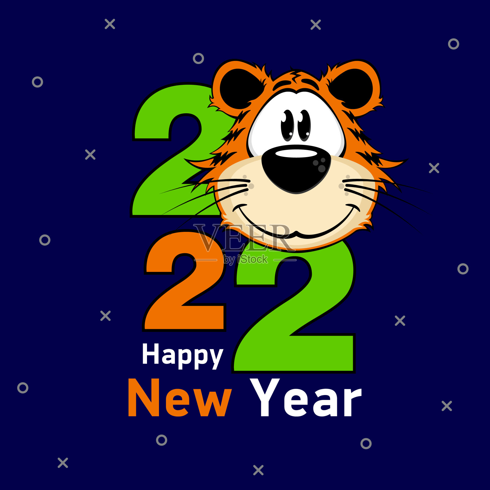 卡通老虎肖像，2022年的象征。蓝色背景上的横幅“新年快乐”插画图片素材