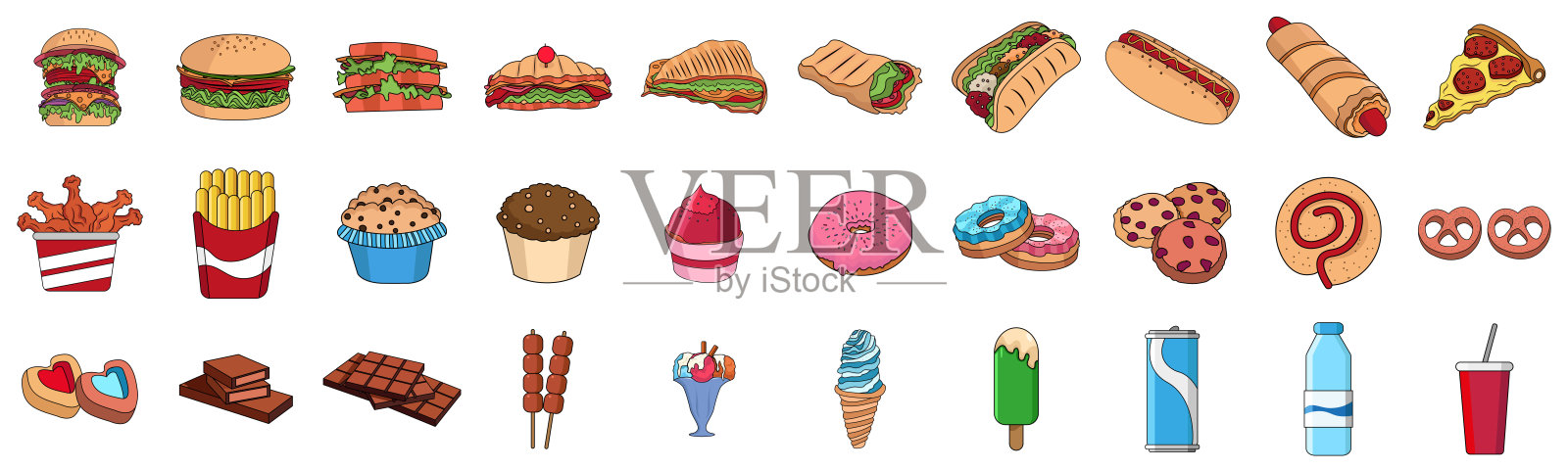 设置不同的快餐菜单图标插画图片素材