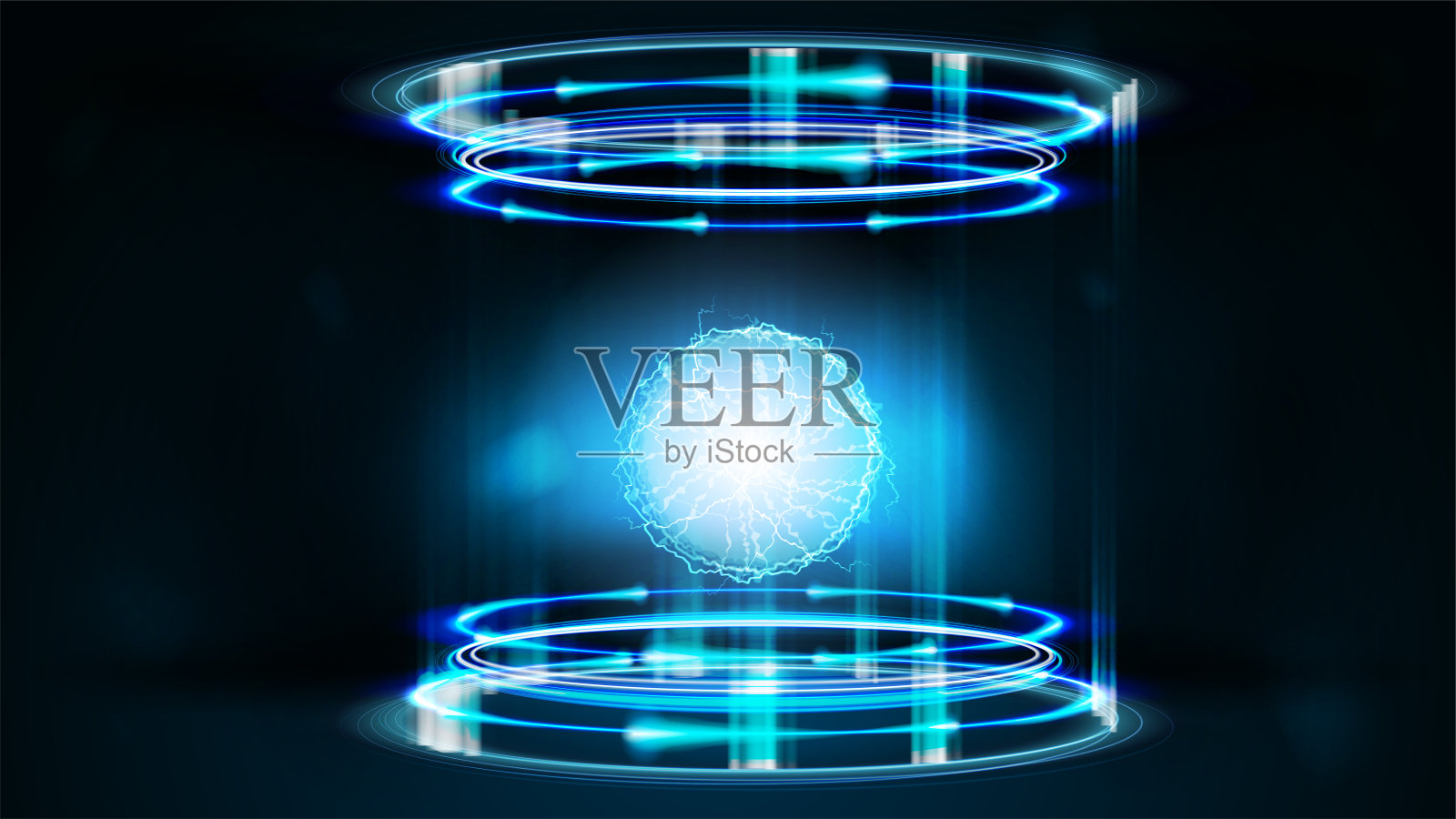 蓝色霓虹灯数字门户在圆柱形与闪亮的环和能量球内部插画图片素材