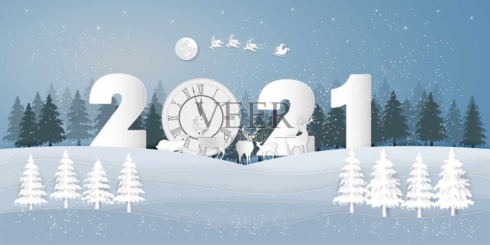 纸艺术、剪纸和数字工艺风格的圣诞老人和驯鹿在冬季的雪天森林与树木作为圣诞快乐和2021年新年的概念。矢量图插画图片素材