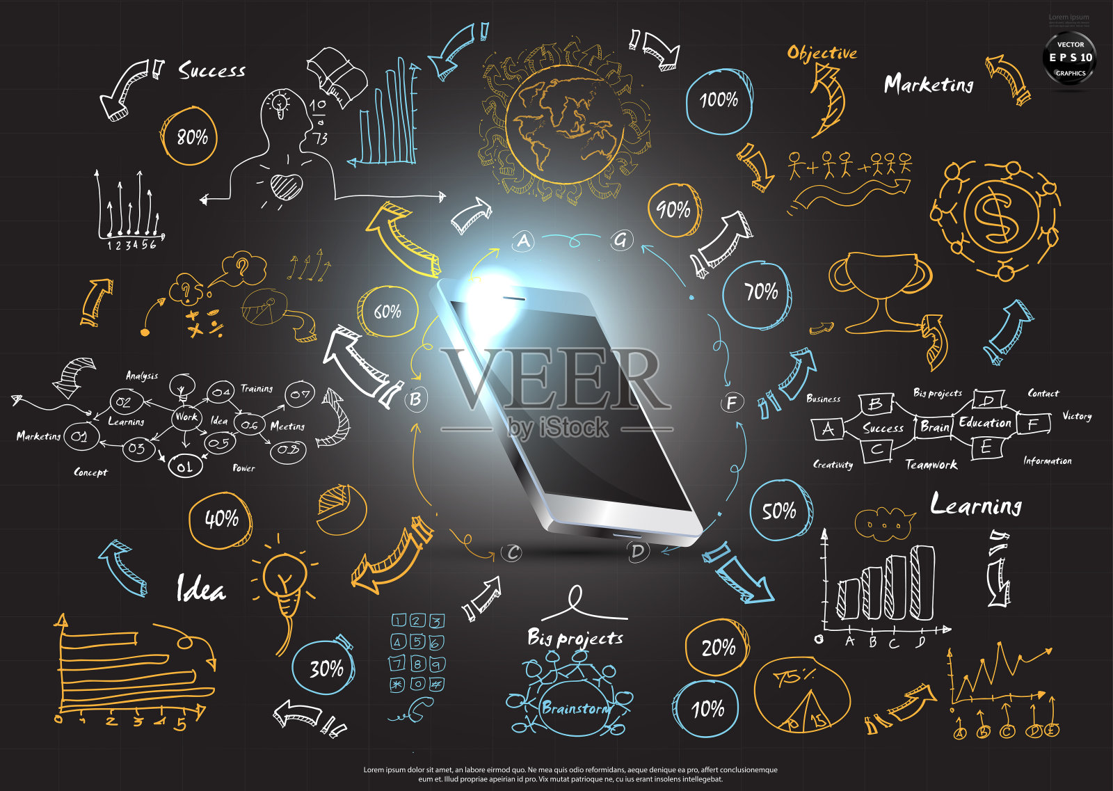 技术联系沟通。观念和概念使人产生创造力。为了成功，计划，思考，搜索，分析，沟通，未来的想法，创新的技术现代。插画图片素材
