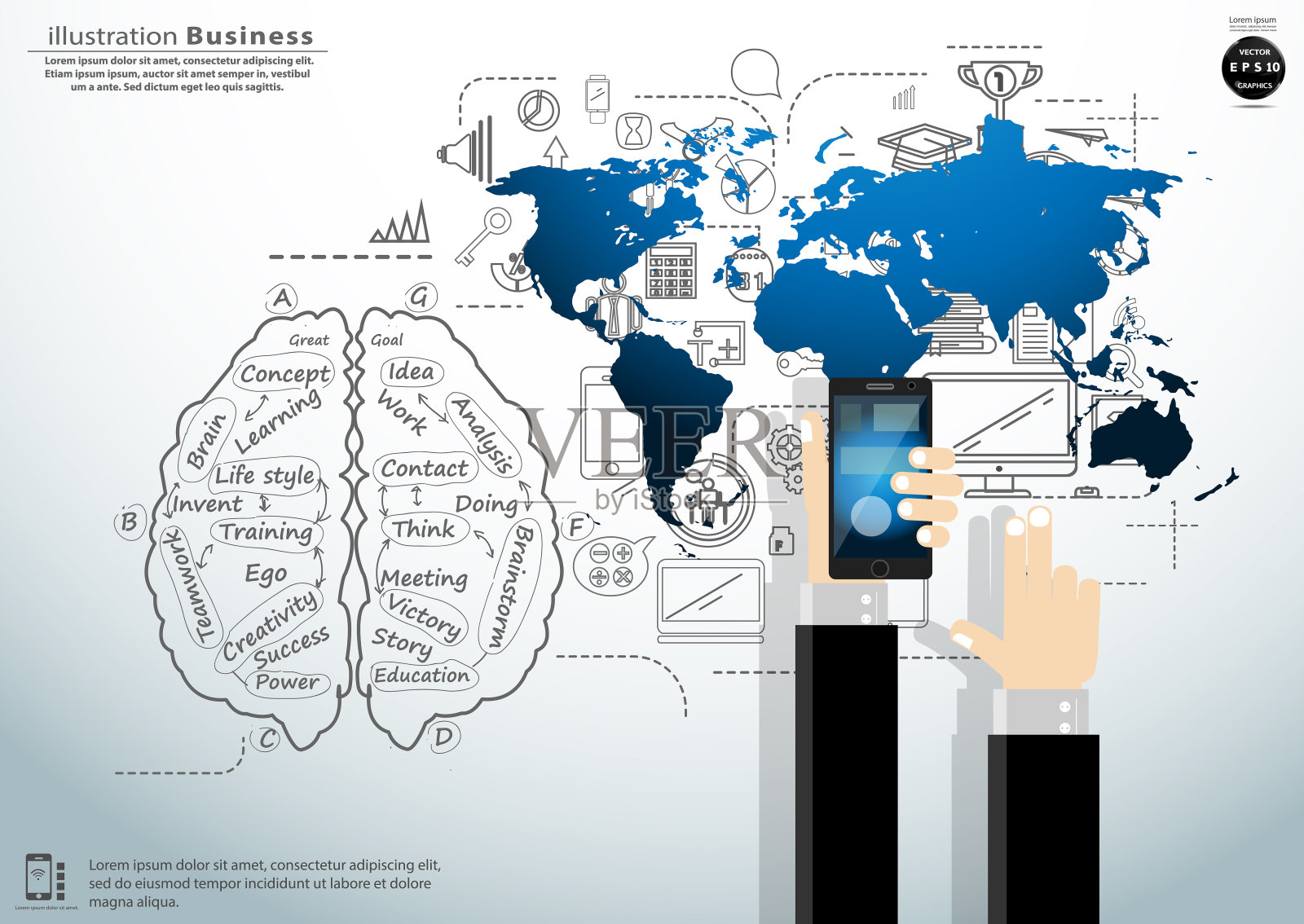 技术联系沟通。观念和概念使人产生创造力。为了成功，计划，思考，搜索，分析，沟通，未来的想法，创新的技术现代。插画图片素材
