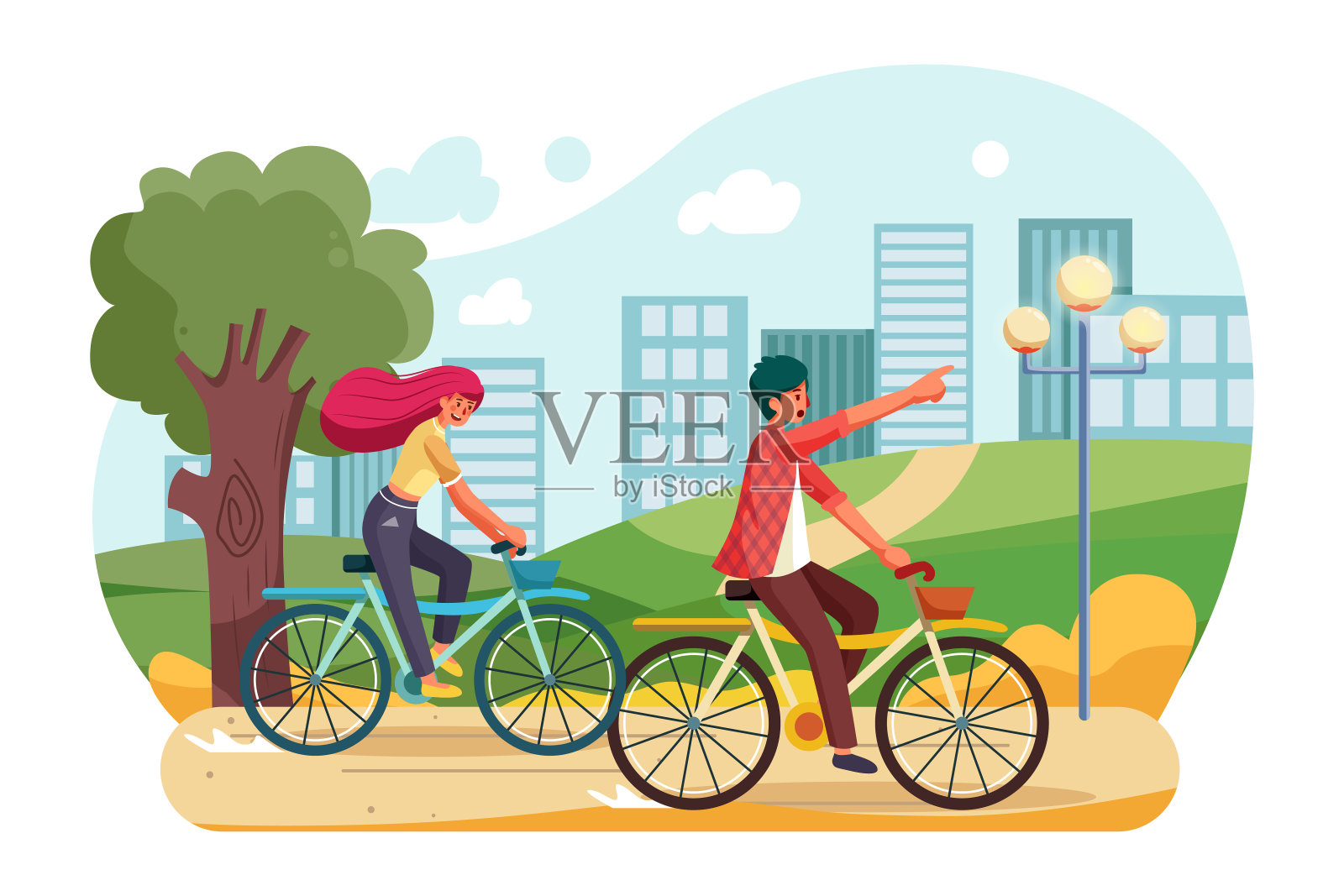人们在公园里骑自行车插画图片素材