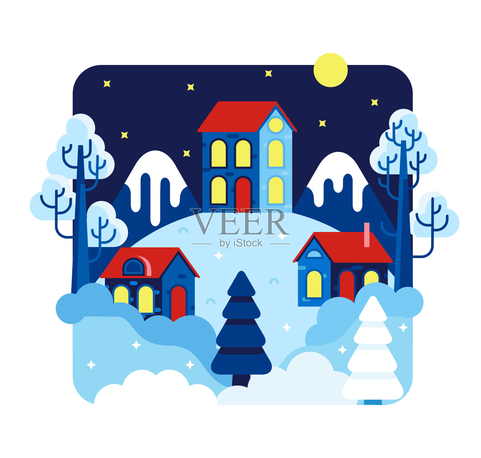 山上有三间红屋顶的房子，天上有月亮和星星，山上和树被雪覆盖着。矢量平面卡通插图插画图片素材