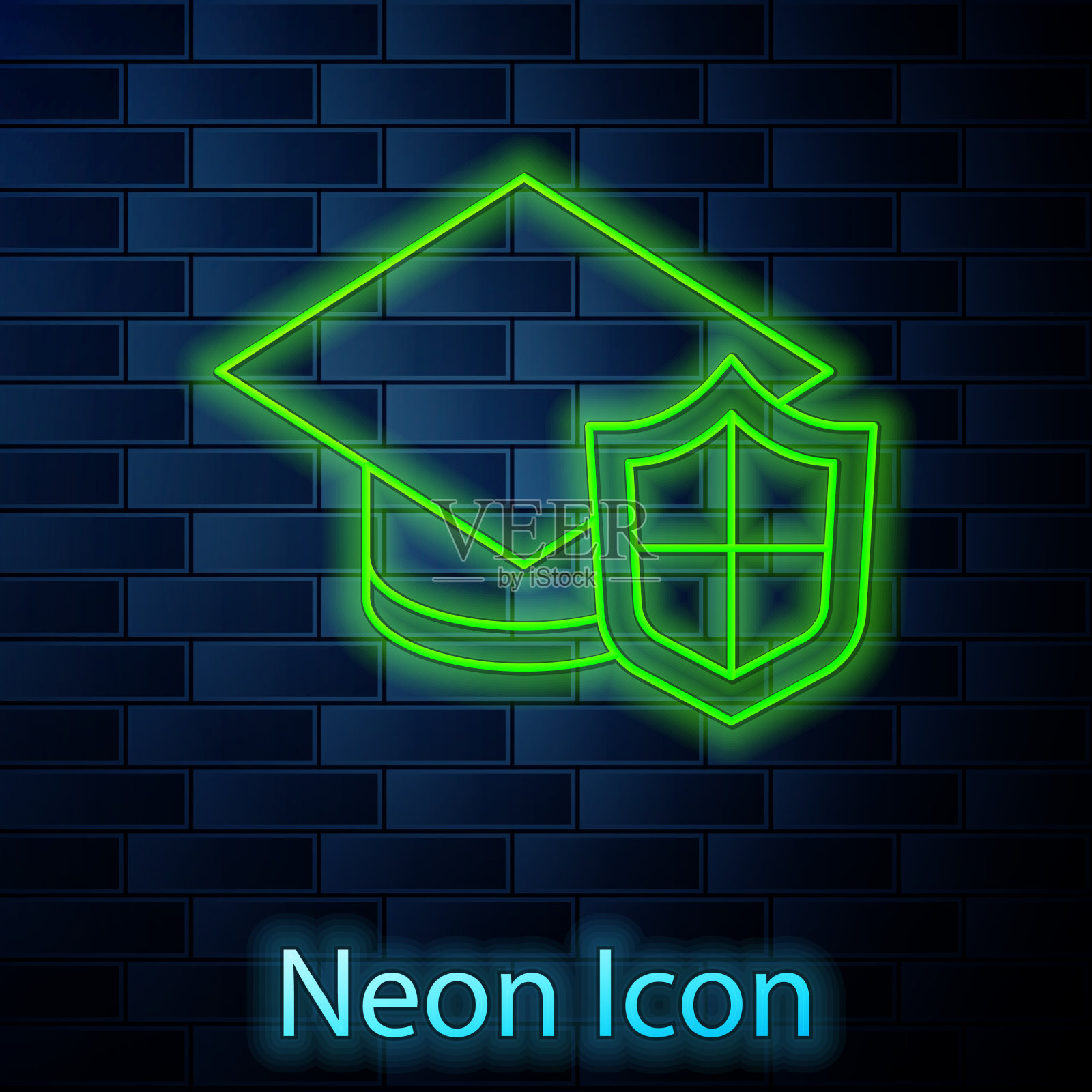 发光的霓虹灯线毕业帽与盾牌图标图标素材