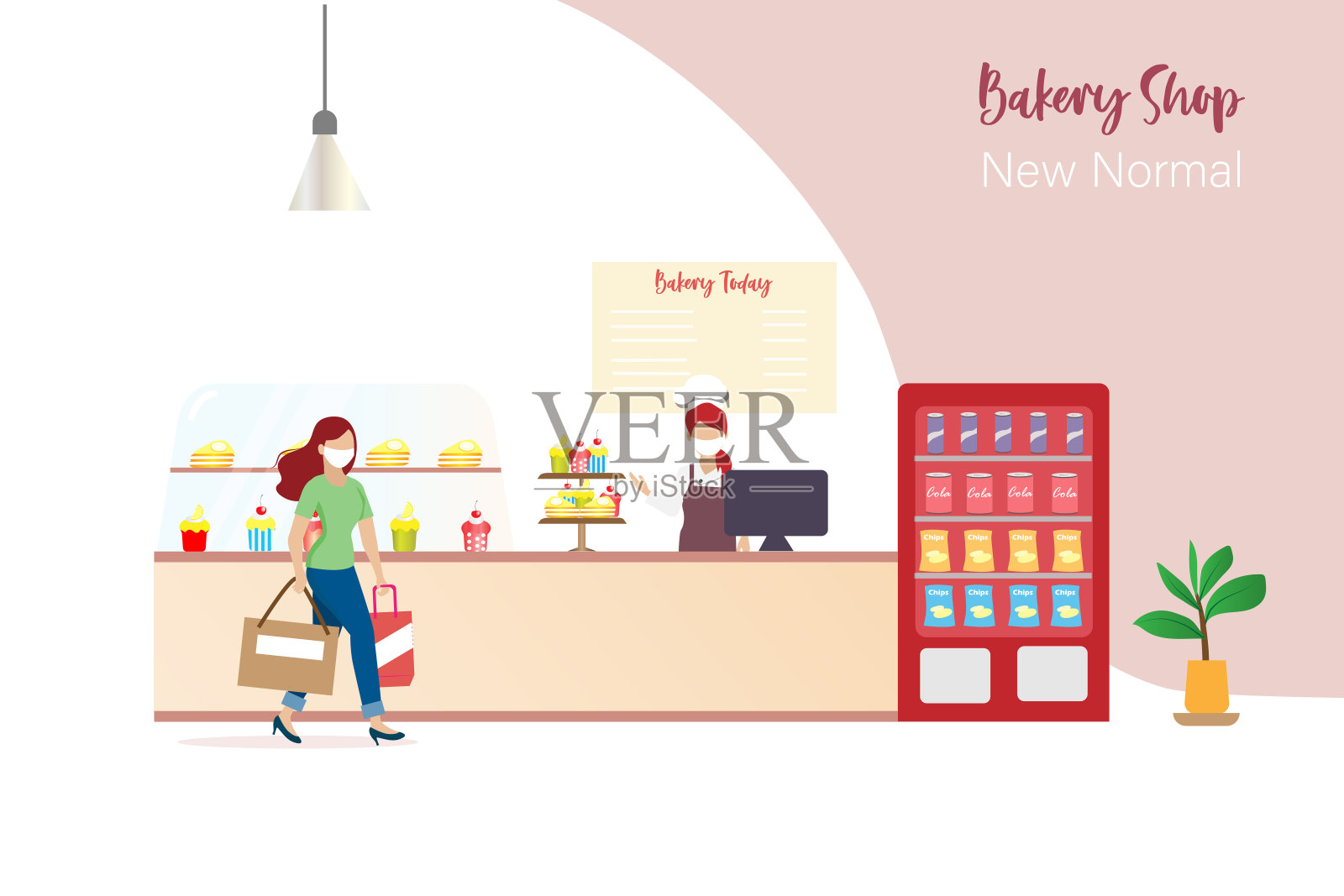 妇女戴着口罩在面包房购物。插画图片素材