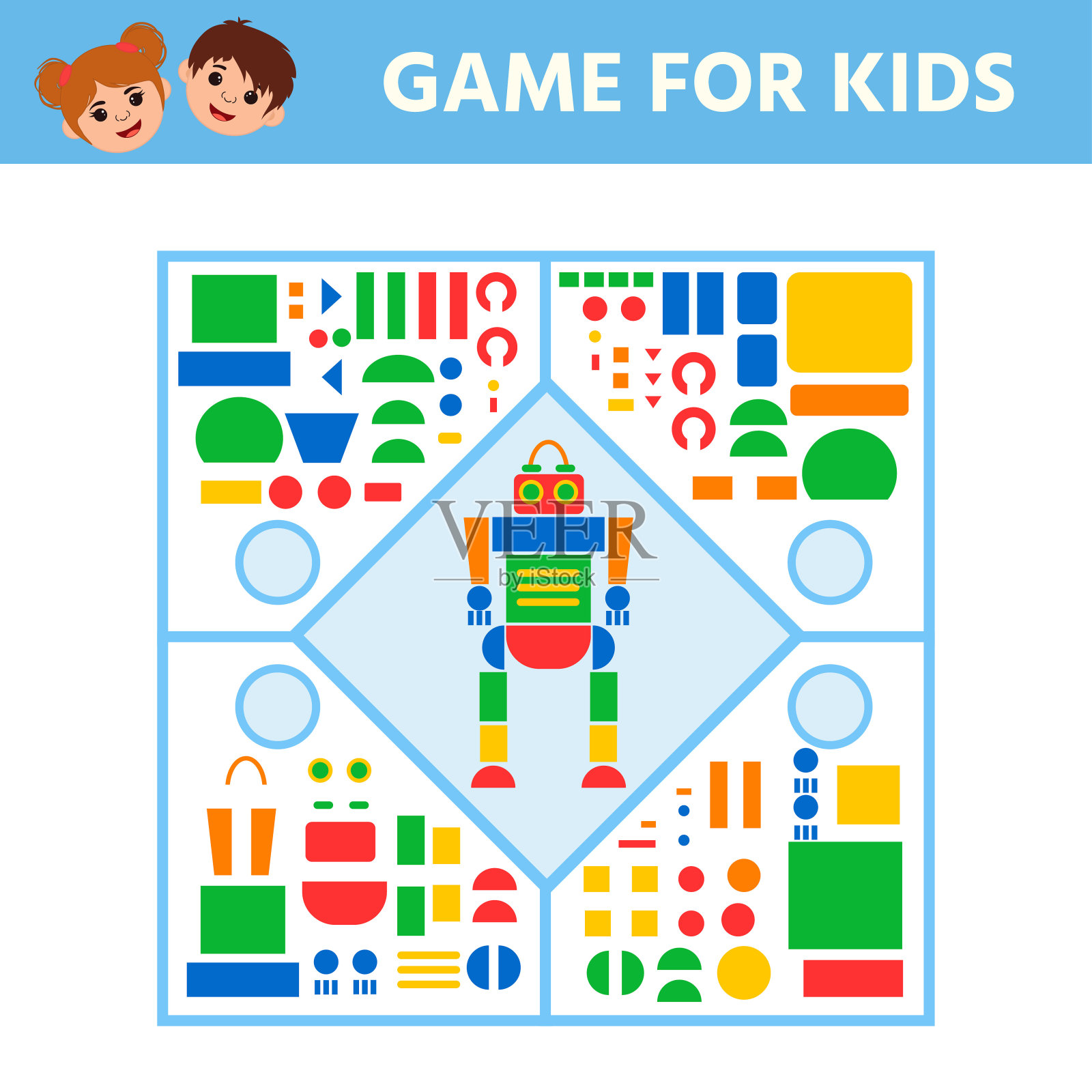 游戏对孩子。找出机器人由哪些部分组成。幼儿园工作表的活动。插画图片素材