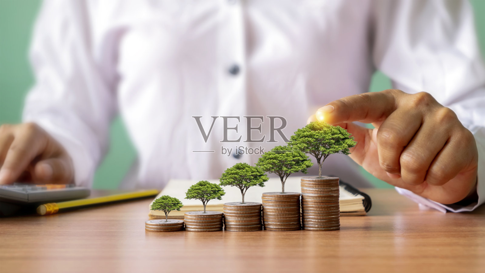 商人指着一棵慢慢生长的树在金钱上生长的想法从商业投资中获得最大的利润。照片摄影图片