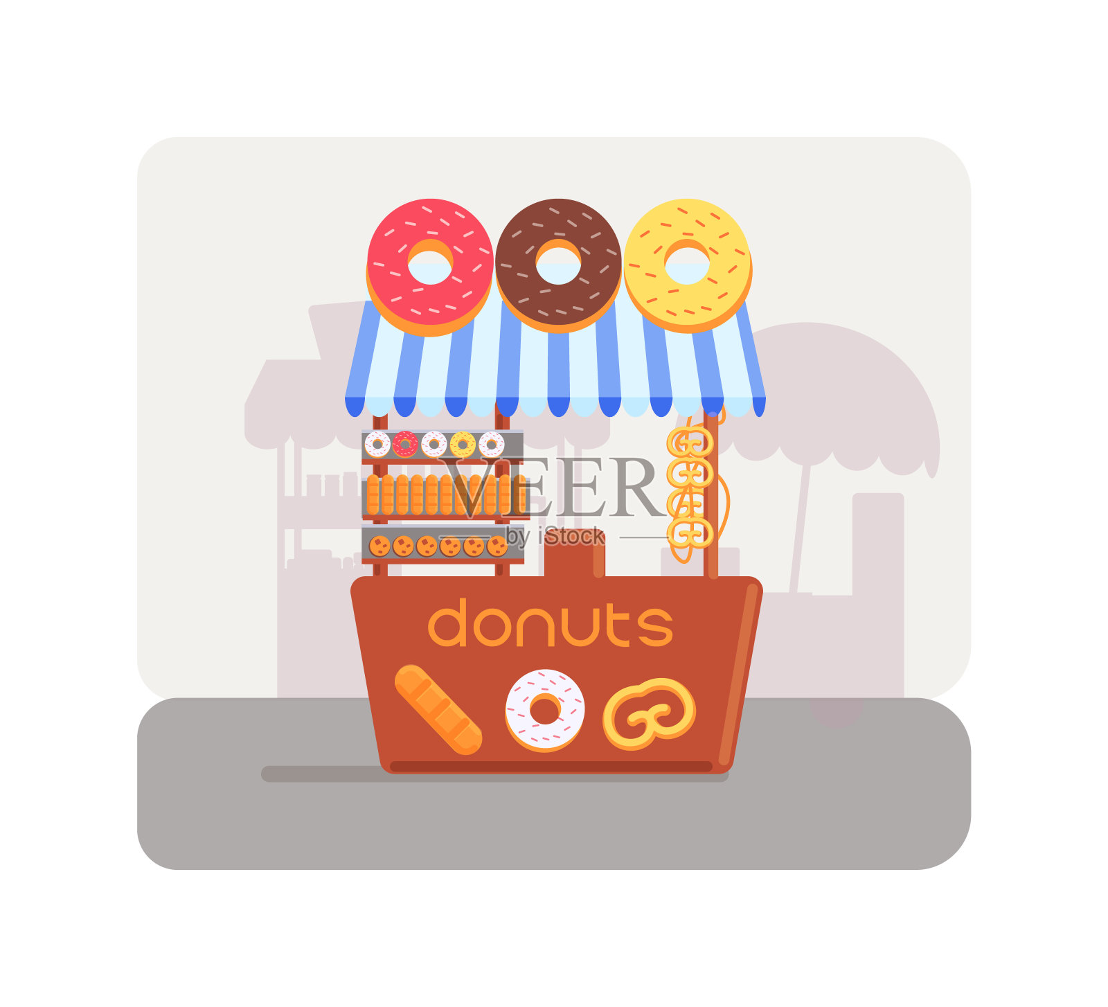 当地卖甜甜圈的街头市场，流动餐馆插画图片素材