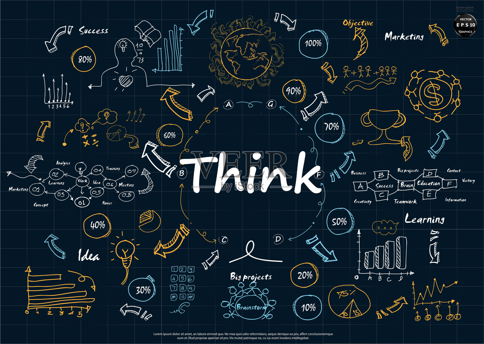 插画业务。设计创意和概念思维。为了成功，计划，思考，搜索，分析，沟通，未来的想法，创新技术现代。矢量插画图片素材