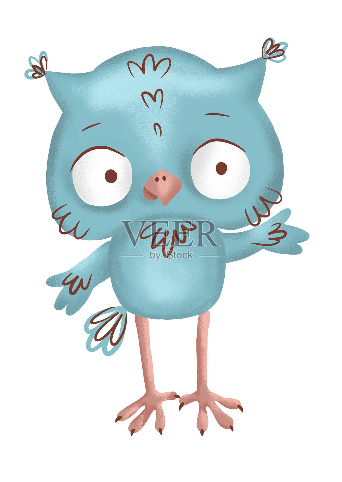 可爱的蓝色猫头鹰，可爱的卡通猫头鹰剪纸，手绘数字颜色，彩色明亮的插图孤立在白色背景，设计元素图片