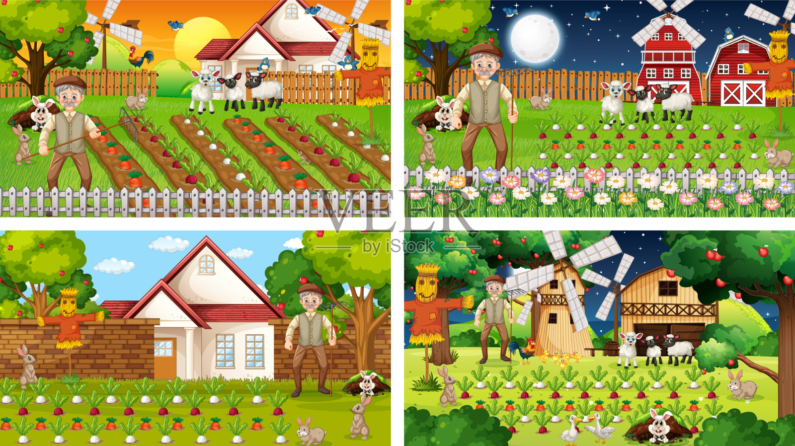 不同的农场场景，老农和动物插画图片素材