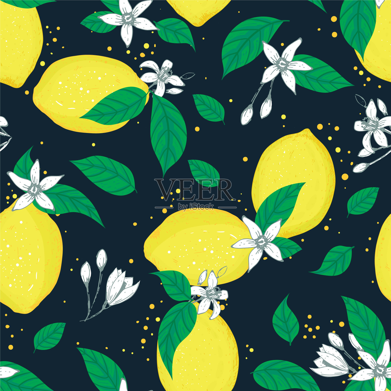 柠檬叶点花无缝模式插画图片素材