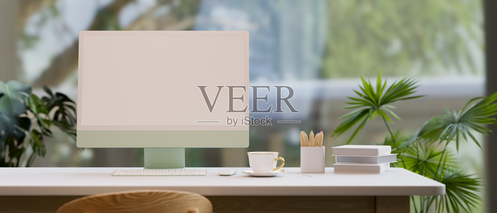 工作空间与自然绿色景观室外通过宽窗户，桌面电脑模型照片摄影图片