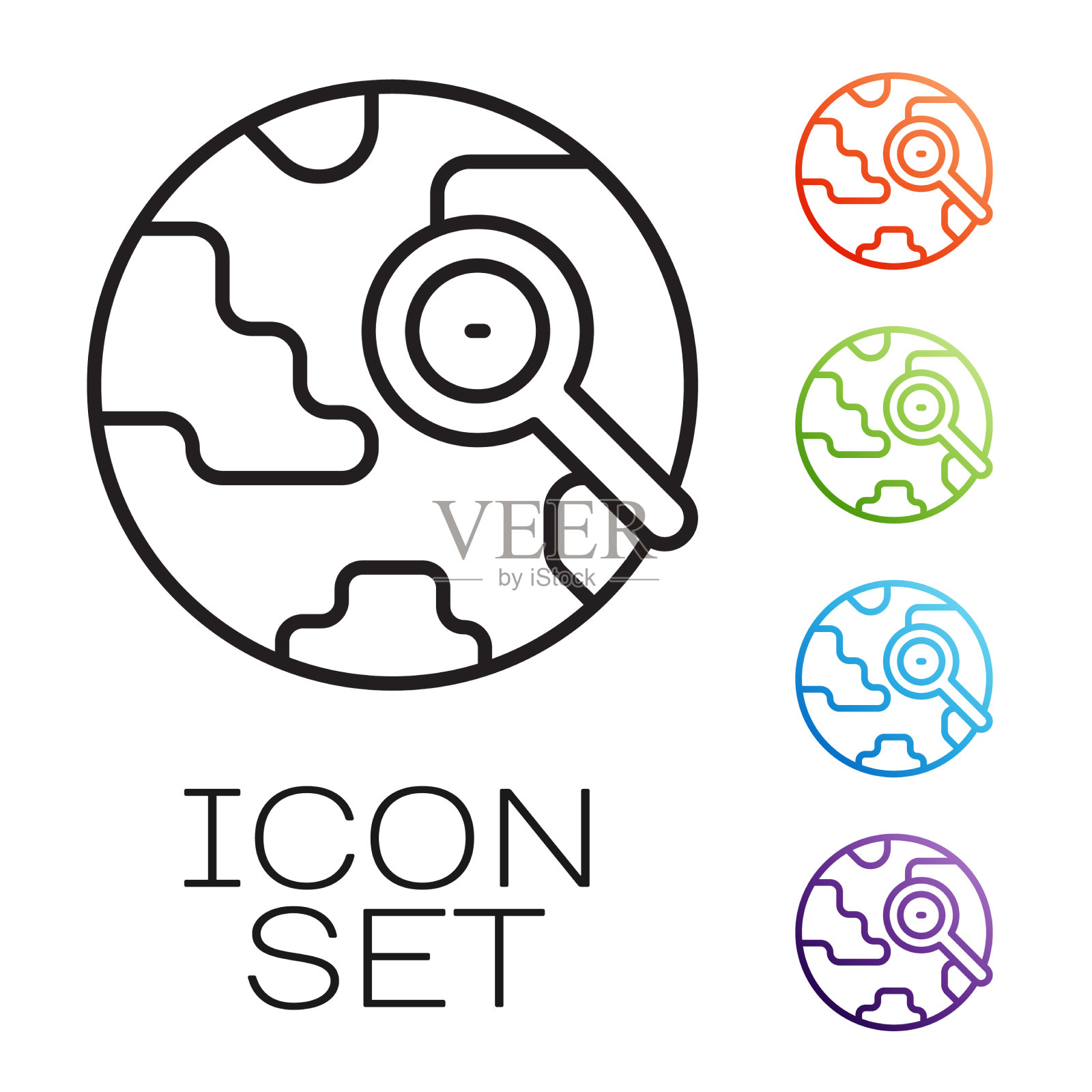 带有地球仪图标的黑线放大镜图标素材