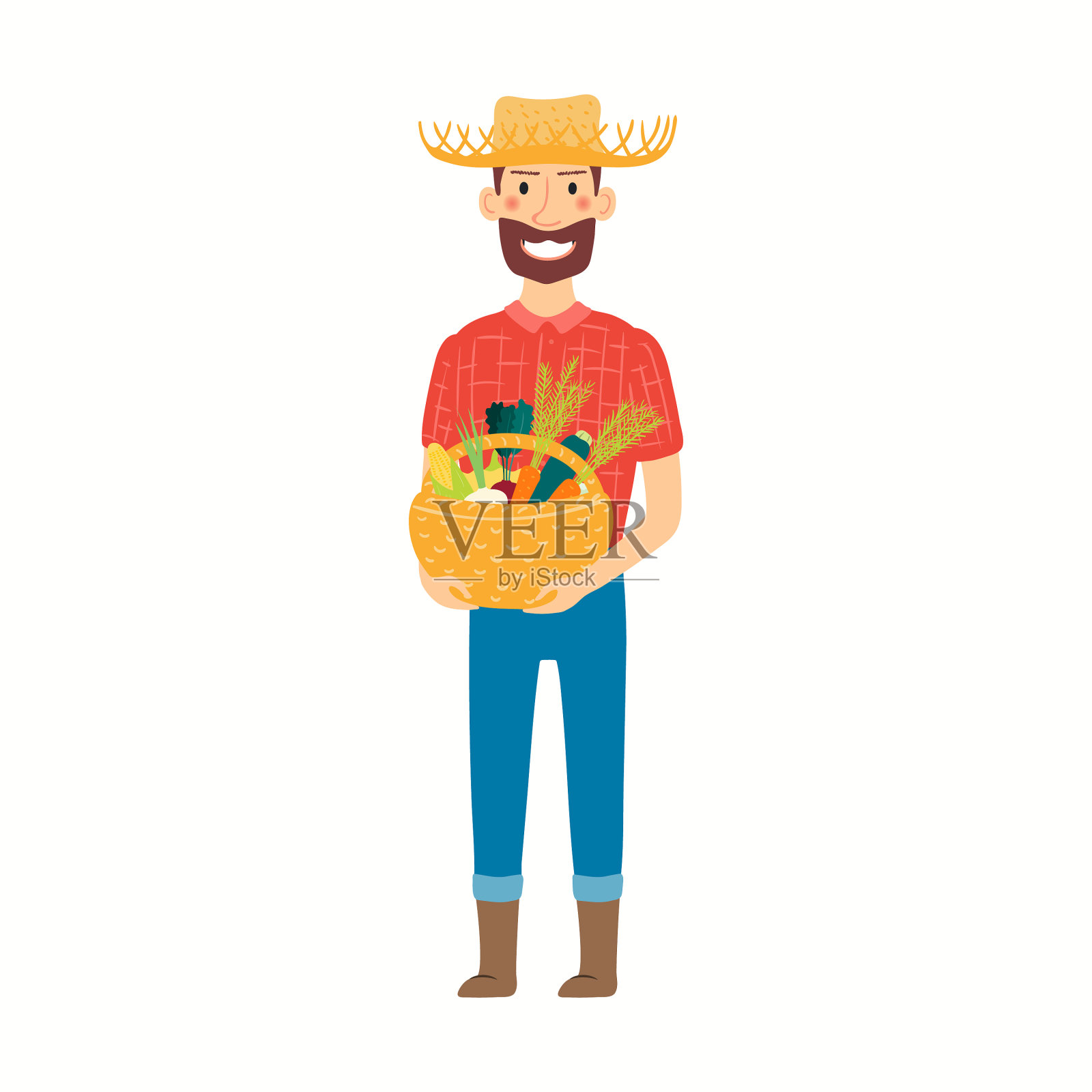 有趣的卡通农民拿着篮子蔬菜插画图片素材