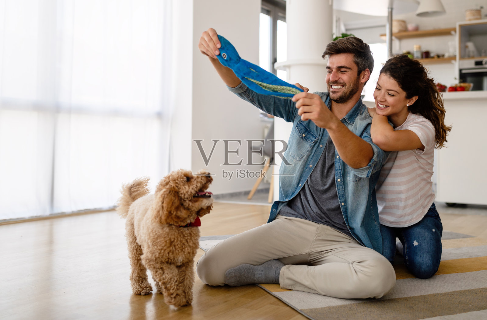 漂亮的夫妇在家里放松，和他们的狗玩耍照片摄影图片