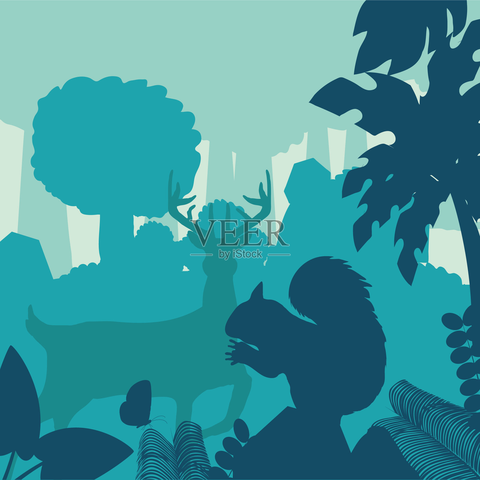 剪影鹿松鼠林插画图片素材