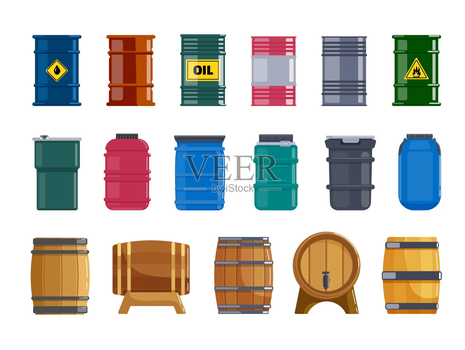 金属、塑料和木桶集隔离在白色上插画图片素材