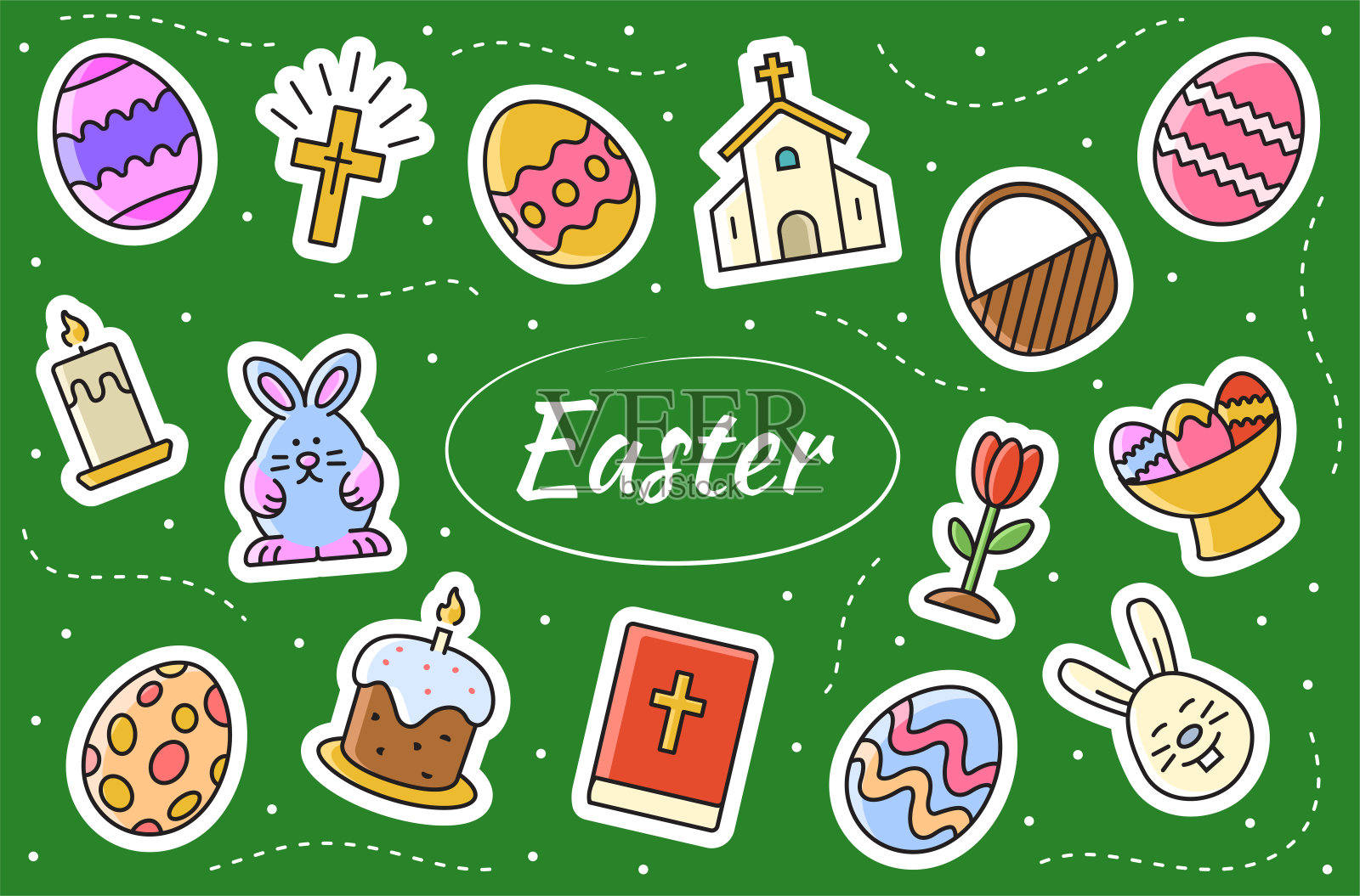 复活节相关贴纸集。收集标志基督教庆典。矢量插图。插画图片素材