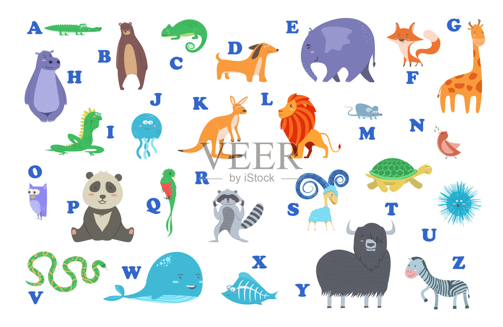 一套可爱的卡通野生和农场家畜和鸟类隔离在白色透明的背景插画图片素材