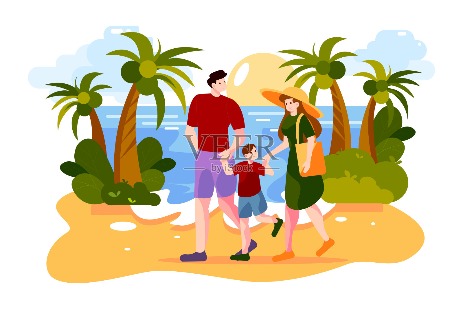 幸福的家庭在海边散步插画图片素材