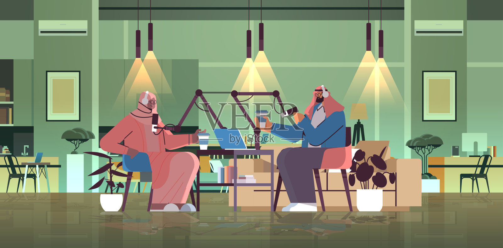 阿拉伯播客对着麦克风录音播客在工作室播客在线广播概念插画图片素材