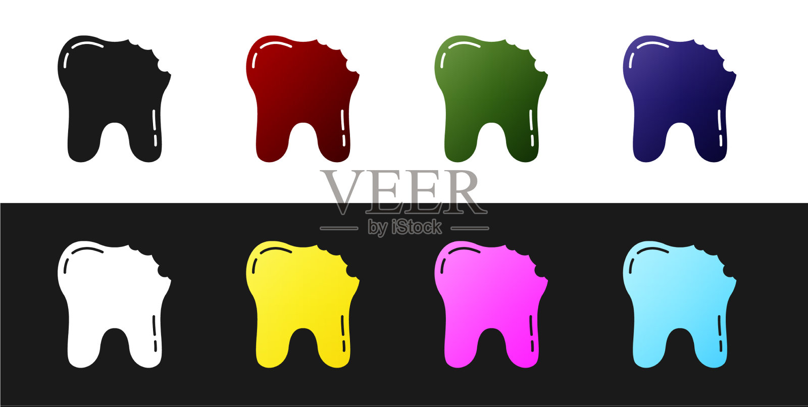 设置破碎的牙齿图标隔离在黑色和白色图标素材