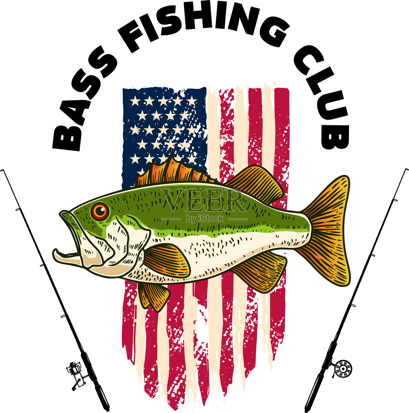 鲈鱼钓鱼俱乐部鲈鱼在美国国旗上设计元素图片