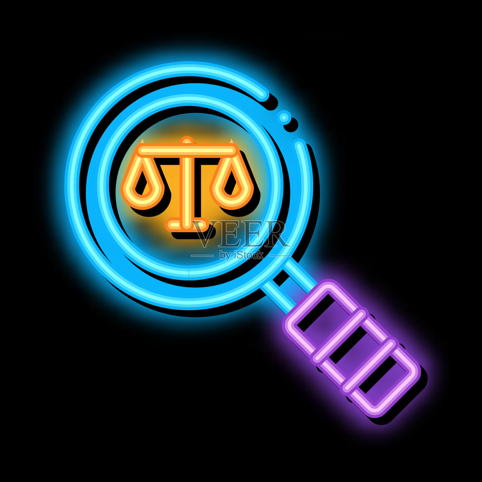 法庭放大镜法律和判决霓虹灯图标插画图片素材